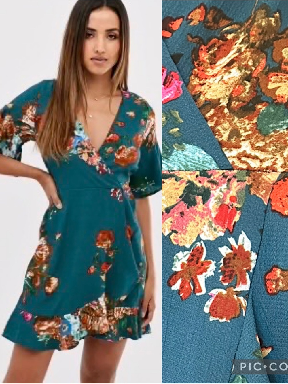 AX Paris Teal Floral Mini Ruffle Faux Wrap Dress size 10